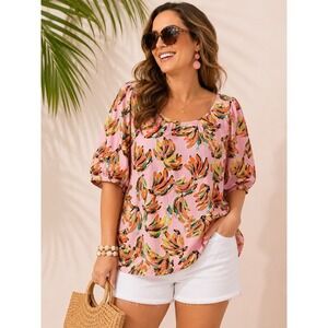 NWT Crown & Ivy XXL Pink Banana Print Peasant Top Keyhole Tropical‎ Boho